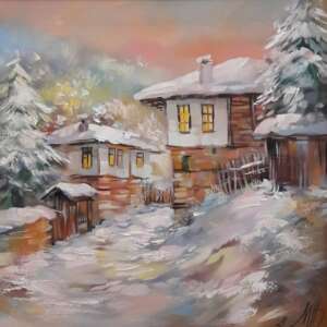 Пейзаж живопис Зимна уличка - код 10489