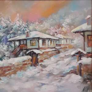 Пейзаж живопис Снежно утро - код 10490